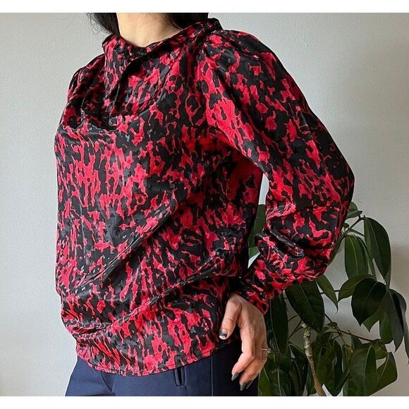 vtg 80s long sleeve satiny blouse red black glam classic maximalist style large - Picture 5 of 9
